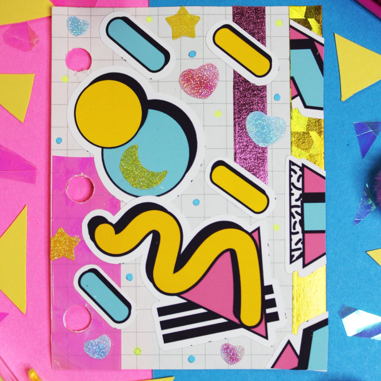 Pink, yellow, light blue 80's sticker spread. Stickers used from 80's deco sticker sheet.