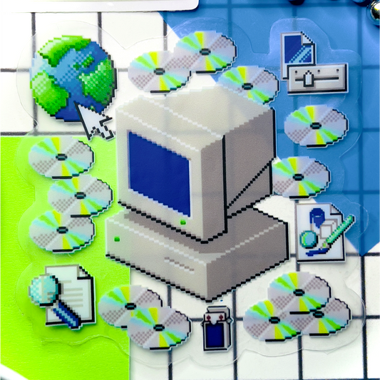 Pixelated computer surrounded by CD's, and old icons with a clear background