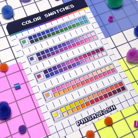Sticker sheet of 5 different color palettes with colorful squares and Prismatash branding on a grid background