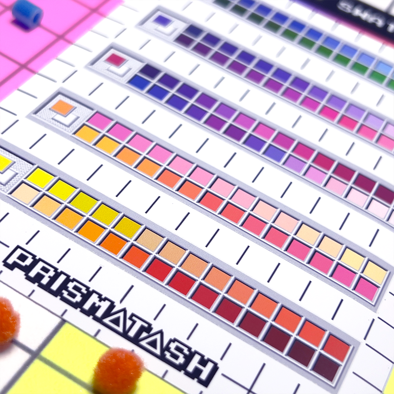 A sticker sheet of 5 different color palettes with colorful squares and Prismatash branding on a grid background