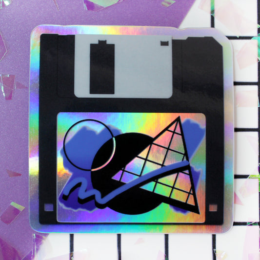 Holographic 90's vintage computer, floppy disk sticker with vaporwave aesthetic label.