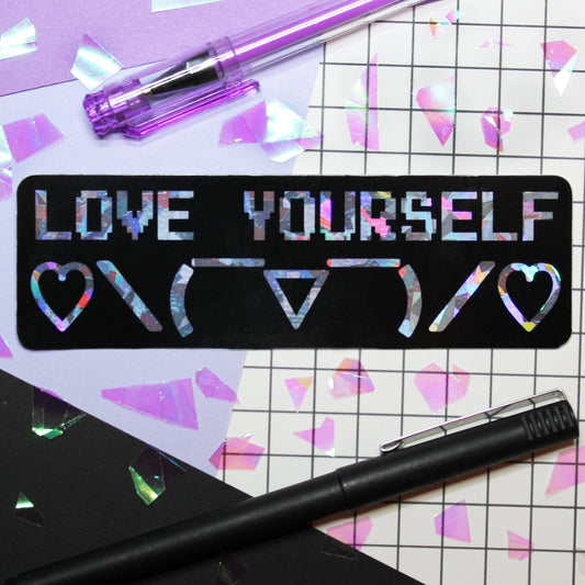 5" x 1" 1/2 holographic love yourself sticker with cute emoticon