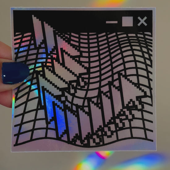Cybercore aesthetic holographic sticker with computer cursor arrow glitch design 